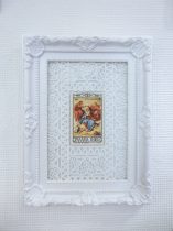 「切手の美術館」使用済切手、レースシール、額縁　17×13×1.7cm　2016