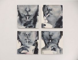 （上段左から）「juice-5」「juice-4」（下段左から）「juice-2」「juice-3」水彩、紙　各30×28cm　2017