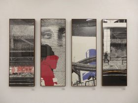 （左から）「日差し」、「地下道の微笑」、「うねる」、「リッチ島の日曜日」多色木版画