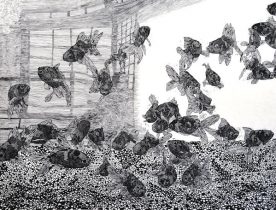 「水槽」墨、和紙・木版　91×120cm　2016
