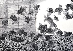 「水槽」墨、和紙・木版　91×120cm　2016