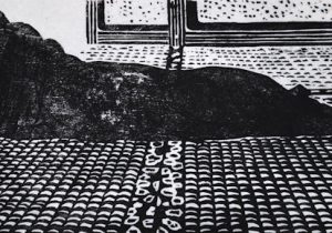 「眠る猫」墨、和紙・木版　8×16cm　2017