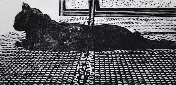 「眠る猫」墨、和紙・木版　8×16cm　2017