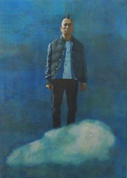 「雲に乗った男」和紙に水干、岩絵具　42×29.7cm　2017
