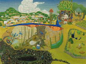 「山にぶんなげる」木製パネル・雲肌麻紙・膠・岩絵具・水干絵具　450×600mm　2018