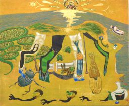 「ぺろんちょ国際」雲肌麻紙、岩絵具、水干絵具、膠　250×300mm　2016