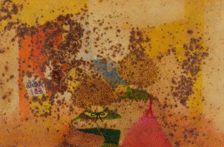 「二人の足音」紙に鉄錆、ペン、パステル　22×27cm　2018