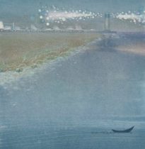 「対岸の夜−moonlit−」水性油性混合木版（和紙、油性版画インク、透明水彩絵の具）　310×310mm　2019