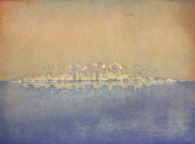 「夜の向こう」水性油性混合木版（和紙、油性版画インク、透明水彩絵の具）　610×765mm　2018