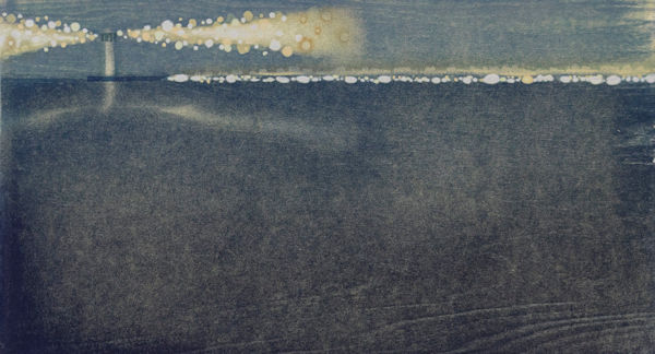 「対岸の夜−光を纏う−」水性油性混合木版（和紙、油性版画インク、透明水彩絵の具）　380×560mm　2018
