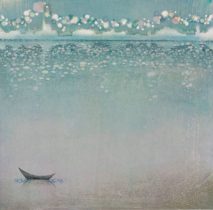 「対岸の夜−終わらない歌−」水性油性混合木版（和紙、油性版画インク、透明水彩絵の具）　455×455mm　2018