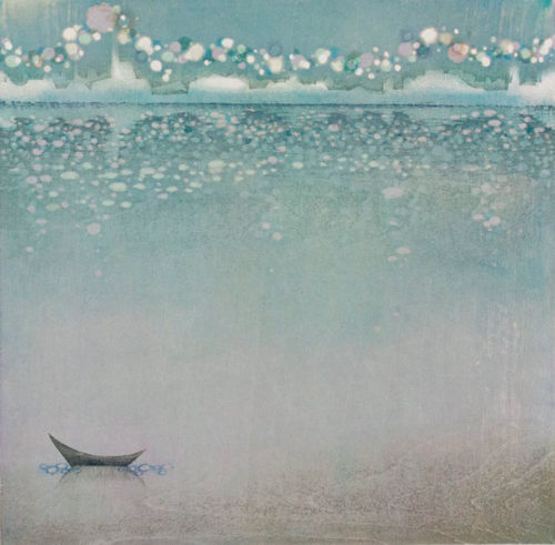 「対岸の夜−終わらない歌−」水性油性混合木版（和紙、油性版画インク、透明水彩絵の具）　455×455mm　2018