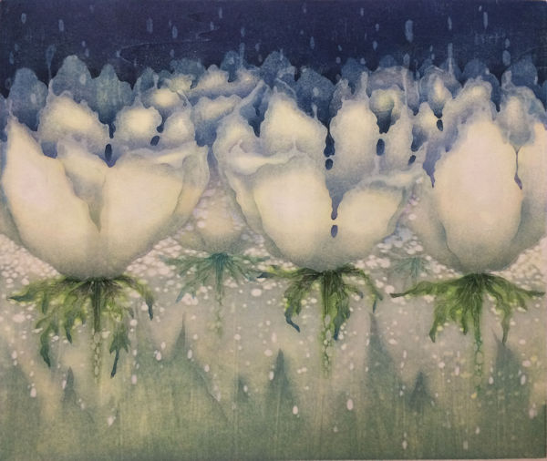 「夜が満ちる」水性油性混合木版（和紙、油性版画インク、透明水彩絵の具）　540×610mm　2018