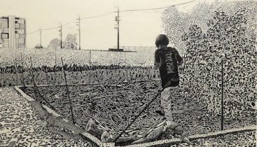 「枯れ池」和紙、墨（木版）　70×123cm　2018