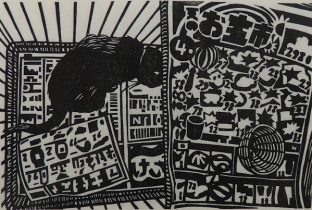 「猫小屋」和紙、墨（木版）　17×26cm　2018