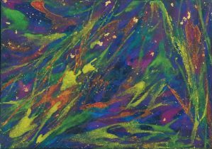 「Original Evidence－月愛でる龍神は、月の尊厳は守られると、言うのだろうか－ゆれながら、天のララバイにくるまれる」アクアオイル、金箔　SM　2019