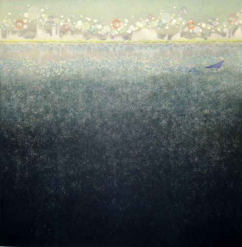 「対岸の夜」水性油性混合木版（和紙、油性版画インク、透明水彩絵の具）680×680mm　2017