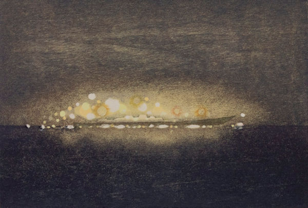 「対岸の夜−音を置いていく−」水性油性混合木版（和紙、油性版画インク、透明水彩絵の具）　310×380mm　2018