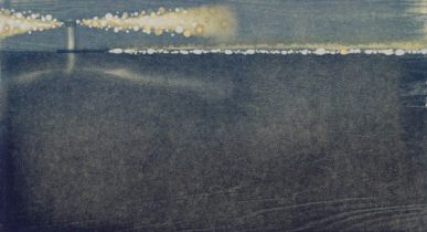 「対岸の夜−光を纏う−」水性油性混合木版（和紙、油性版画インク、透明水彩絵の具）　380×560mm　2018