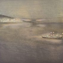 「対岸の夜−ほのめく−」水性油性混合木版（和紙、油性版画インク、透明水彩絵の具）385×385mm　2019　