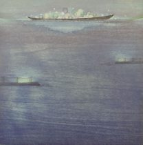 「対岸の夜−誰も知らない−」水性油性混合木版（和紙、油性版画インク、透明水彩絵の具）　385×385mm　2019