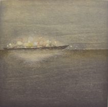 「対岸の夜−moonlit−」水性油性混合木版（和紙、油性版画インク、透明水彩絵の具）　310×310mm　2019