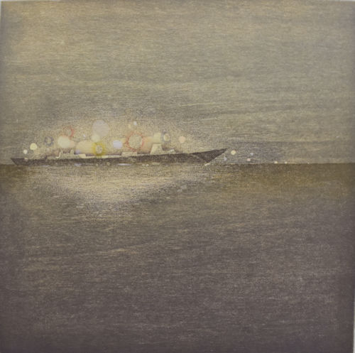 「対岸の夜−moonlit−」水性油性混合木版（和紙、油性版画インク、透明水彩絵の具）　310×310mm　2019