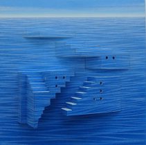 「家(うち)の周り 2」木製パネル、布、バルサ材、アクリル絵具、色鉛筆 30×30×8cm