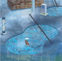 「プール2」和紙、水干絵具、岩絵具、アクリル、他　500×500mm　2020