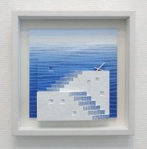 「ひなたぼっこ計画11-2」木製パネル、布、バルサ材、アクリル絵具、色鉛筆、既製額　20×20×3cm