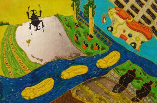 「夏の住宅北」 木製パネル、膠、雲肌麻紙水干絵具、岩絵具 100×150mm 2014