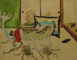 「おいらんコガネ」 木製パネル、膠、雲肌麻紙水干絵具、岩絵具 200×250mm 2014