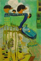 「新・二階庭園」木製パネル、雲肌麻紙、膠、岩絵具、水干絵具　150×100mm　2021