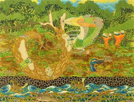 「はやおき上水」木製パネル、雲肌麻紙、膠、岩絵具、水干絵具　290×290mm　2020