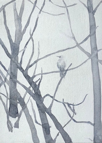「冬－鳥のいる」綿布にアクリル、パステル、墨　33.3×24.2cm　2021　撮影：川上弘美