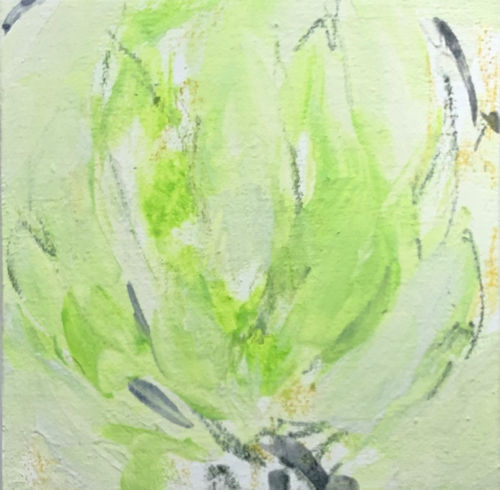 「四月ー芽吹き7」綿布にアクリル、パステル、色鉛筆、墨　14×14cm　2020