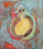 「柘榴」楮紙、岩絵具、水干絵具、墨、色鉛筆、パステル　17.5×15cm　2021（撮影：加藤貴文）