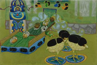 「無我の行進」木製パネル、雲肌麻紙、膠、岩絵具、水干絵具　150×100mm　2020