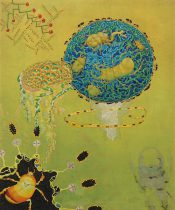 「命と夏の巡り」木製パネル、雲肌麻紙、膠、岩絵具、水干絵具　800×650mm　2020