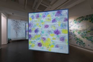 「swop 朝顔 2」彩墨、アクリル、布ペン、溶かした布　80×80cm　2022（撮影：坂田峰夫）