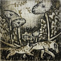 「かくされた進行」木版、紙版、コラグラフ　160×160mm　2022