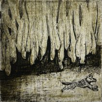 「ウスネをくぐって」木版、紙版、コラグラフ　160×160mm　2022