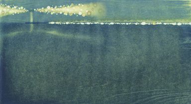 「対岸の夜-光を纏う-」水性油性混合木版　380×560mm　