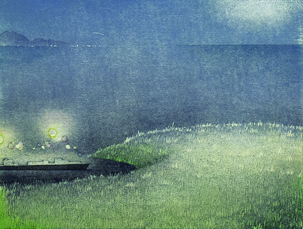 「対岸の夜ーたまゆらー」水性油性混合木版　385×385mm