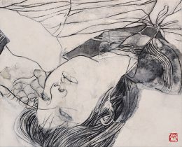 「記憶」高知麻紙、墨、膠、岩絵具、木炭、薄美濃紙　F3（273×220mm）　撮影：山下恒徳