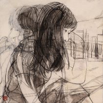 「お日様をなぞって」高知麻紙、墨、膠、岩絵具、木炭、薄美濃紙　300×300　撮影：山下恒徳