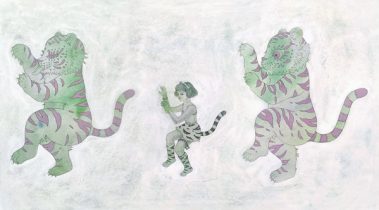 「透明トラ・トラゴッコ」エングレービング、手彩色、雁皮刷り　335×190mm　2022