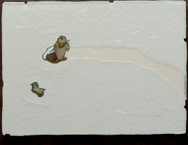 「散歩遊び」和紙、水彩絵具、水干絵具、 木版画、シルクスクリーン　315×370mm　2023