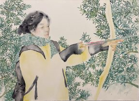 「女神の小閑 （弓/オリーブ）」水彩　78×106cm　2022