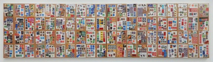 「Book jacket」紙にレーザープリント、切手　59.2×109cm（パネル２枚組）　2010-2023